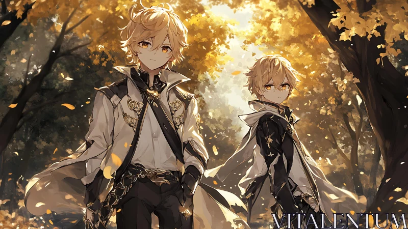 Golden-haired twins stand in an autumn forest of falling light