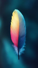 Iridescent macro feather in cyan teal bokeh field.