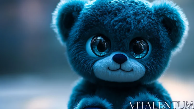 Deep blue plush teddy bear with glossy reflective glass eyes