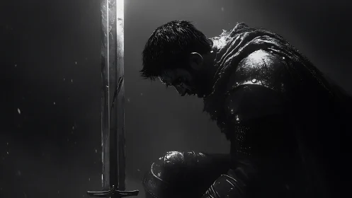 Armored warrior kneeling beside vertical sword in shadowed light.