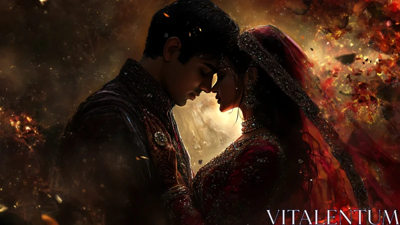 Intimate Embrace Against Explosive Golden and Red Light Particles.