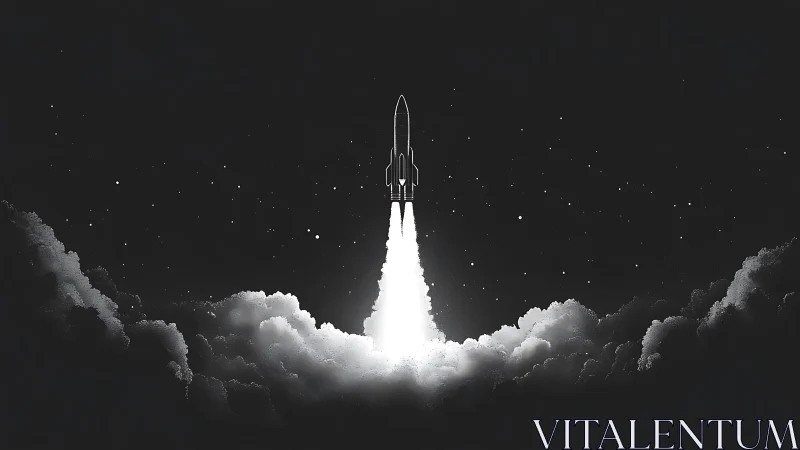 Monochrome rocket ascends vertically through dense cloud layer