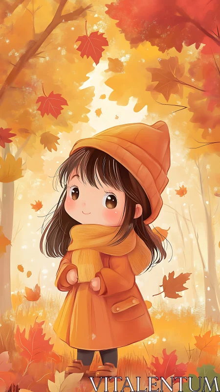 Cute autumn girl illustration in warm orange forest scene.