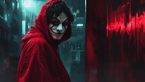 Masked figure in red hooded cloak under neon cyan and red glow