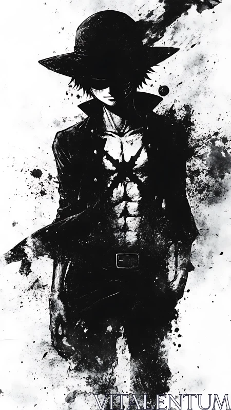 Shadowed anime swordsman strides through inky monochrome storm