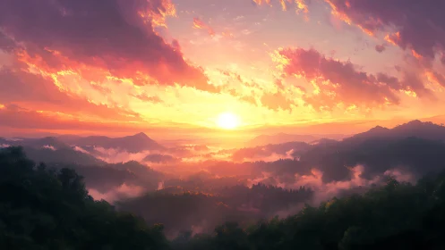 Sunrise ignites misty forest mountains in vivid color.