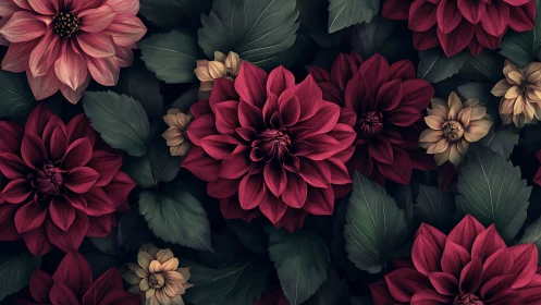 Dense dahlia arrangement displays rich crimson and coral tones with foliage.