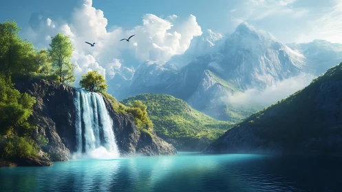 Mountain lake waterfall under clouds and distant peaks.