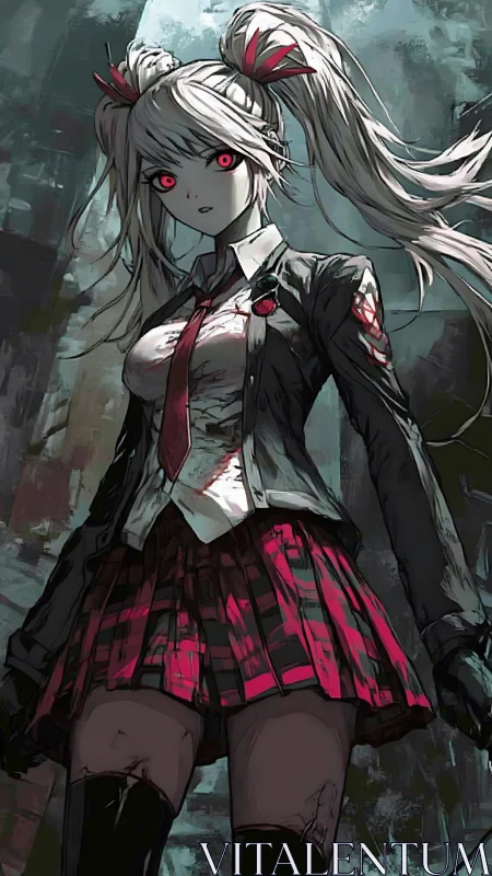 Bloodstained schoolgirl android under harsh urban light.