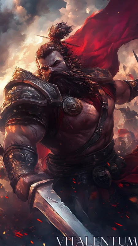 Fierce bearded warrior surges forward wrapped in blazing red.