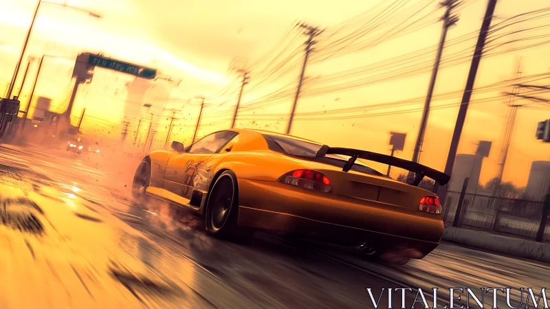 Yellow sports car drifting fast on wet city street at dusk.