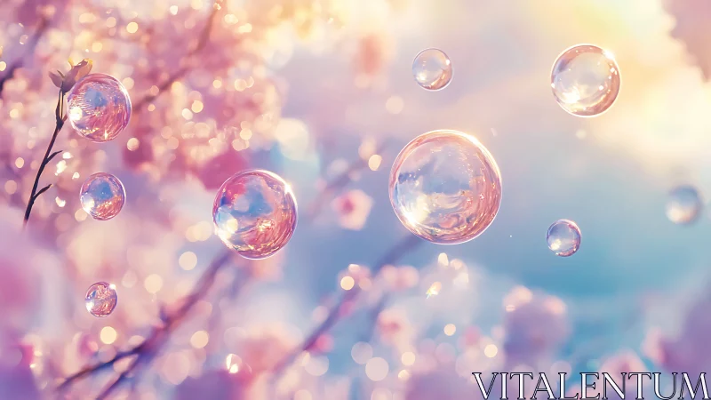 Transparent soap bubbles drift against soft-focus blossoms