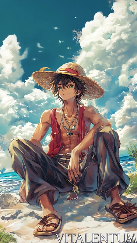 Sunlit daydreamer in a straw hat claims the shoreline