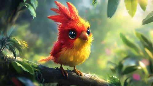 Cute Fantasy Red and Yellow Bird with Big Eyes in Vibrant Forest.