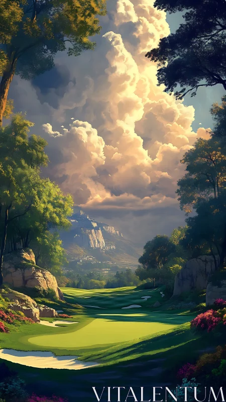 Sunlit mountain golf fairway beneath towering clouds.