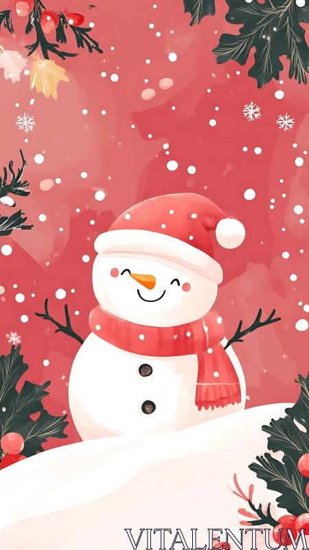 Cheerful snowman illustration with snowy holly branches and berries