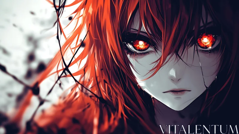 Fiery-eyed anime girl stares ahead in a storm of burning emotion
