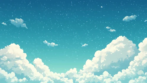 Cumulus cloudscape under teal gradient sky with micro stars