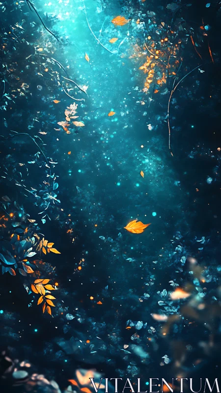 Drifting golden leaves in luminous teal forest glowscape.