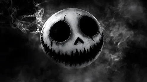 Grinning skull sphere floats through swirling monochrome smoke.