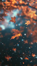 Autumn maple leaves drift through soft glowing bokeh light.