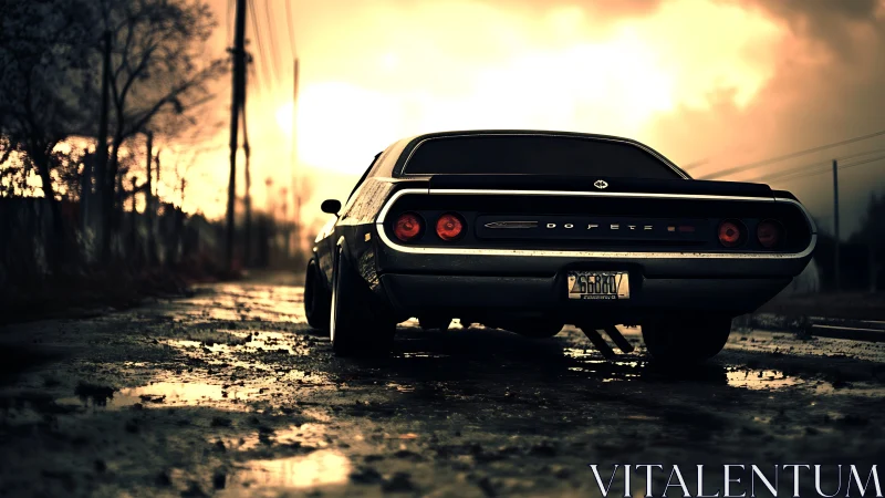 Rear view of classic muscle car on wet urban roadway.