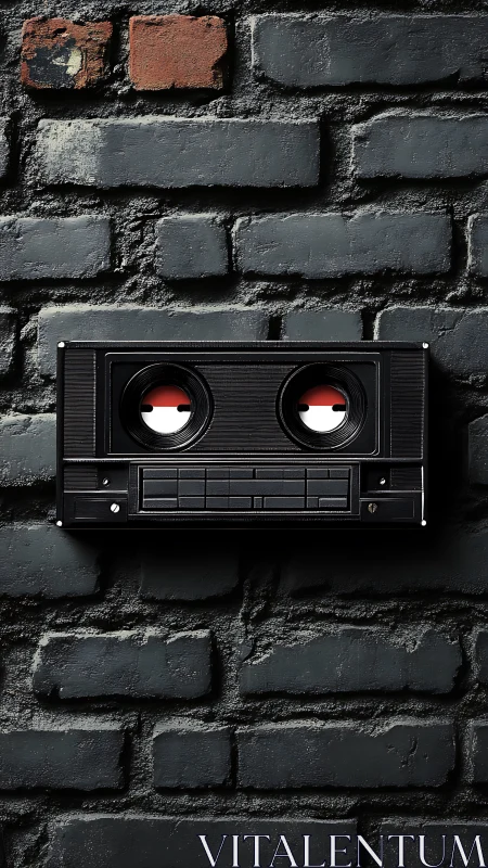 Vintage Portable Cassette Recorder Mounted on Weathered Brick Wall.