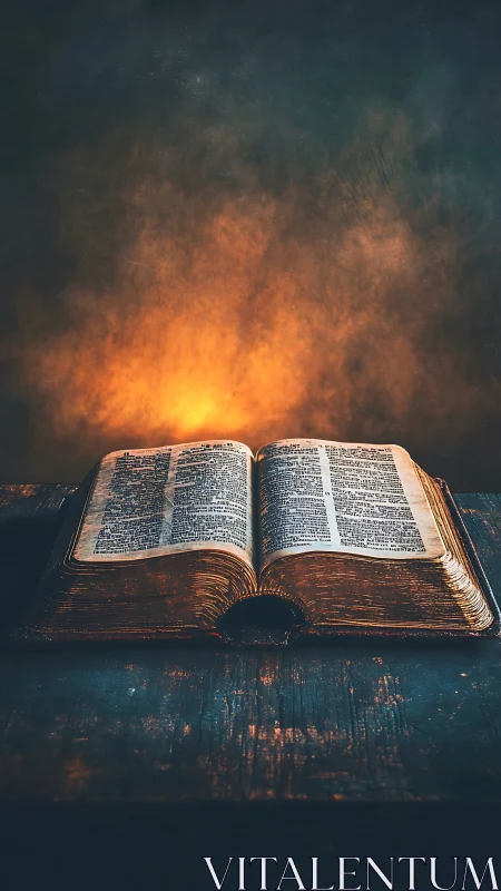 Open aged book on wooden table with central warm light.