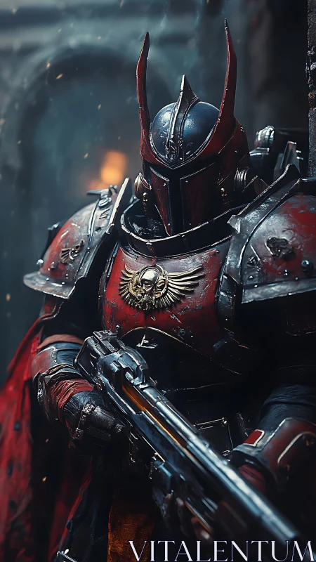 Battle worn sci fi knight stands ready in ornate crimson armor