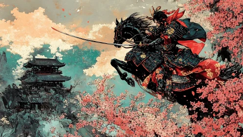 Samurai warrior on horseback advances through cherry blossoms