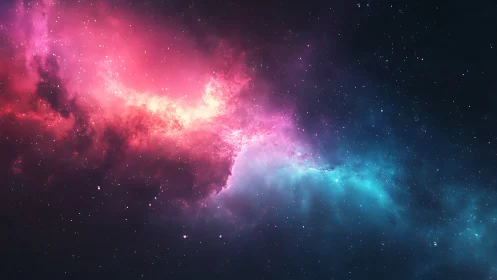 Vibrant pink and blue nebula arcs across deep starfield