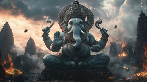Ganesha deity dominates stormlit temple ruins in firestorm
