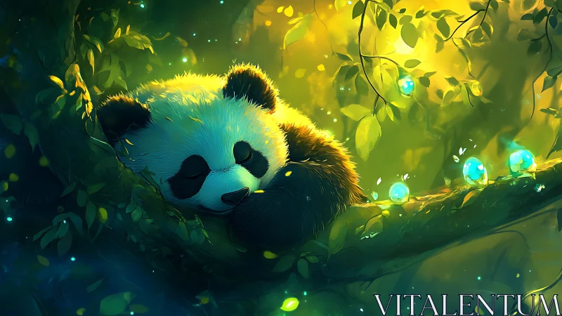 Moonlit panda slumbers among glowing forest dream-eggs.