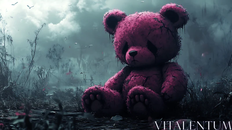 Degraded pink teddy bear dominates foggy, desaturated marshland