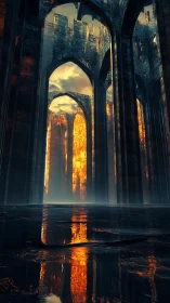 Ruined gothic arches glow with molten sunset reflections