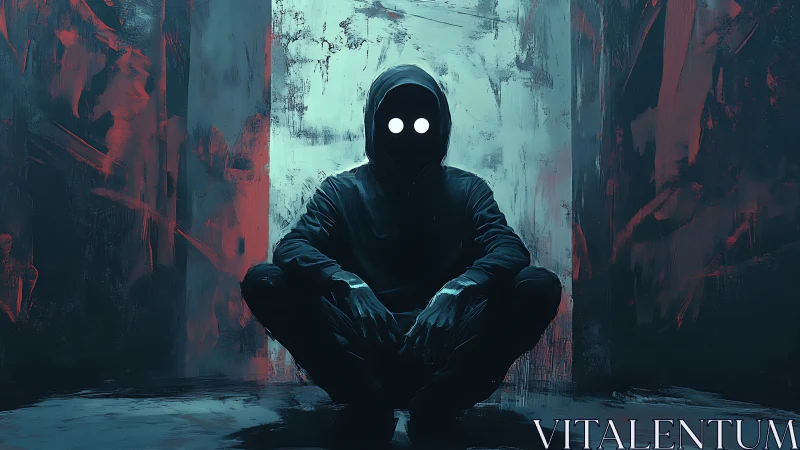 Hooded silhouette with glowing eyes in abstract neon corridor.