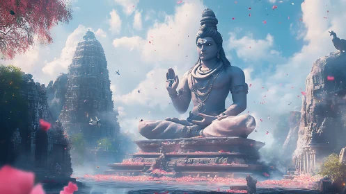 Colossal stone deity in misty temple valley with petals.