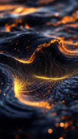 Glowing orange particle currents flow across dark fluid waves