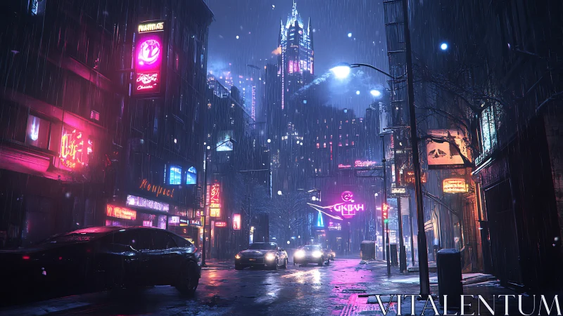 Rainy neon city street with cars and tall lit skyline.