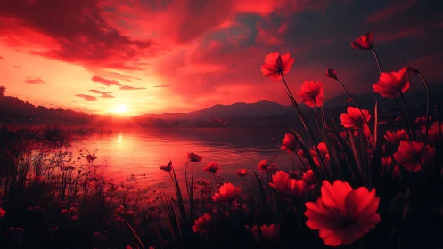 Spectral red dusk over lacustrine meadow with macro florals.