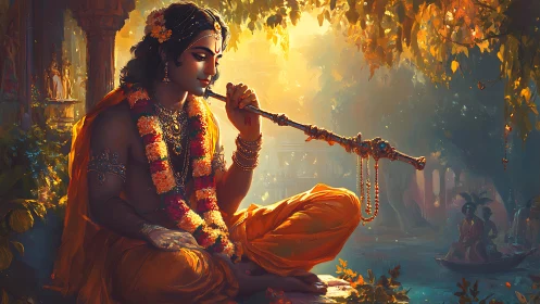 Krishna-like figure plays flute in warm forest light