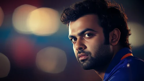 Thoughtful young man in rich evening bokeh glow.