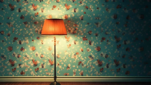 Vintage floor lamp glows against teal floral wall at dusk.