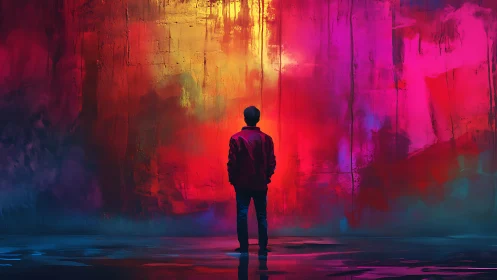 Solitary figure before luminous abstract color field wall.