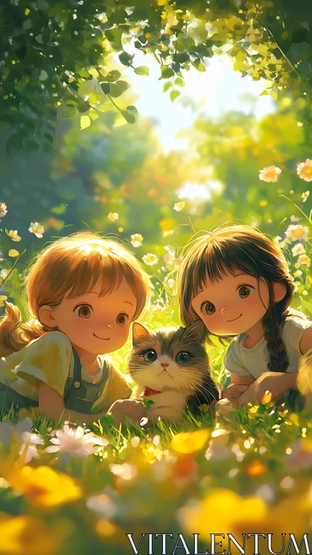 Soft backlit anime scene shows two children and cat in meadow