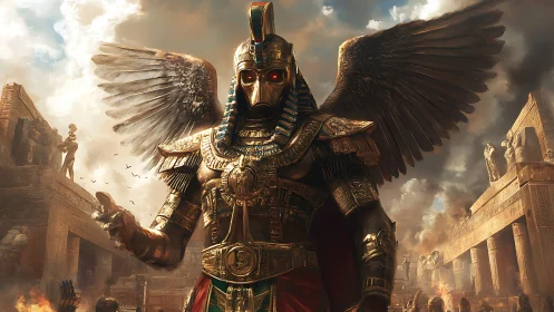 Winged armored figure stands in ancient Egyptian ruins
