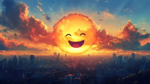 Smiling sun face over dense city skyline at sunset.