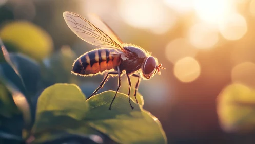 Hoverfly on sunlit leaf with glowing summer bokeh backdrop.