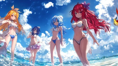 Four anime girls stand in shallow sea water under bright sky