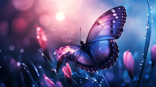 Vibrant blue butterfly resting on glowing garden flowers.